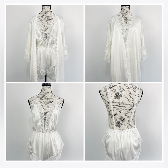 Vintage White Satin and Lace Teddy and Robe Set - Picture 2 of 10